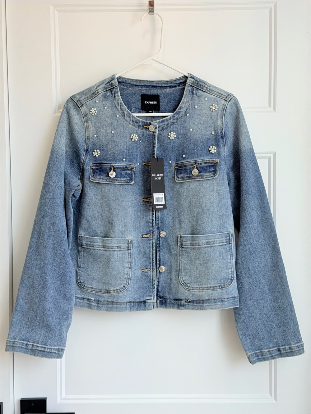 Express Light Blue Pearl-Embellished Denim Jacket